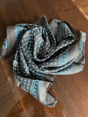 Brown Silk Scarf with Turquoise Geometric Print 20“ x 20“ hand stitched edge